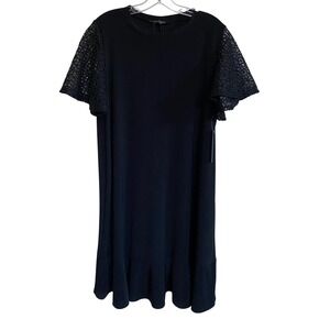 Tahari Solid Black Stretch Body Elegant Lace Sleeve Plus size dress 1X - NWT‎